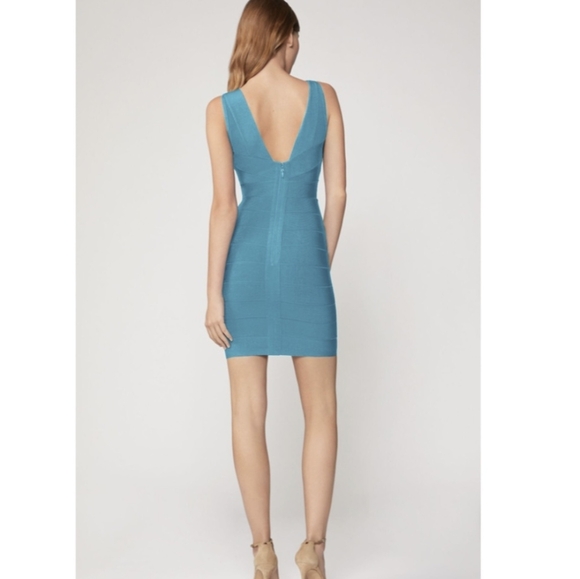 15. NWT HERVE LEGER V NECK MINI BANDAGE DRESS IN TURQUOISE - Picture 2 of 10